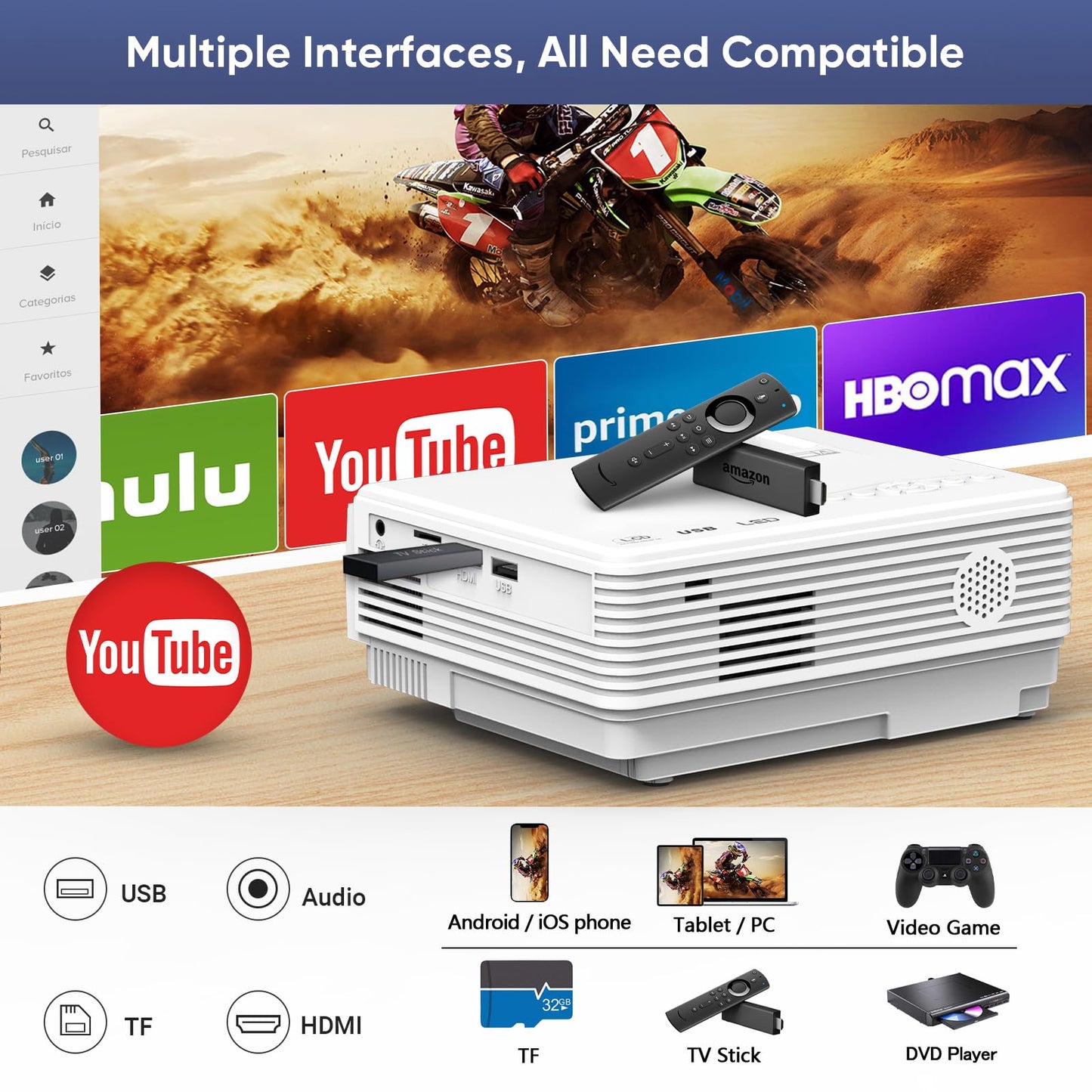Projector with WiFi and Bluetooth, Upgrade Outdoor Projector, Mini Movie Projector Supports 1080P Synchronize Smartphone Screen by WiFi/USB Cable for Home Entertainment