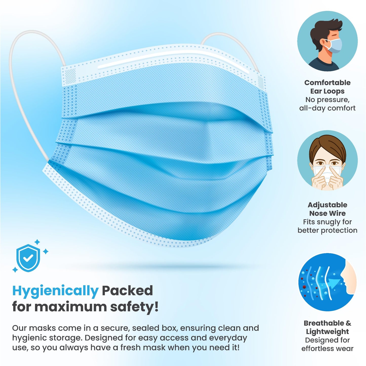 PURE GEM [Pack of 150] Single Use Disposable Blue Face Mask, Soft on Skin, 3-ply Masks Facial Cover with Elastic Earloops Great For Home, Office, School, and Outdoors