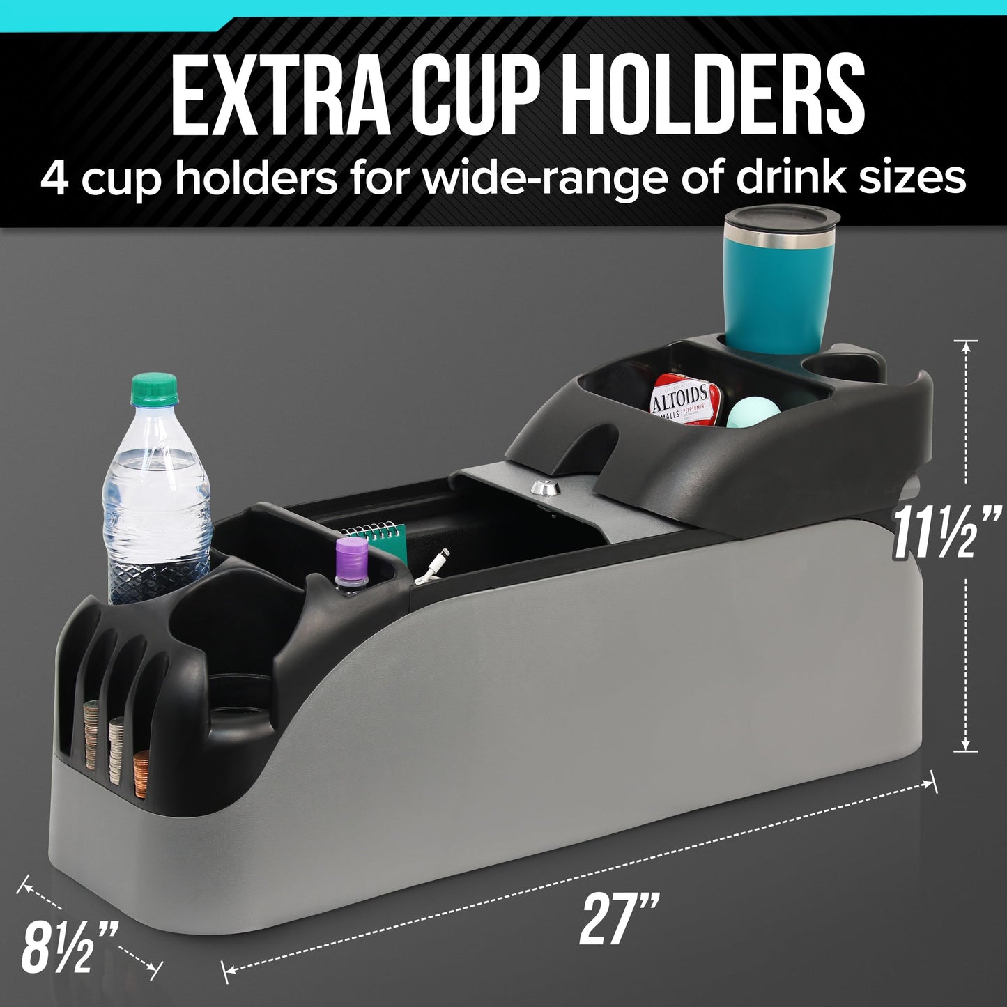 Moblorg Center Console for Minivans, SUVs, Middle Van Console, Extra Cup Holders, Large Storage, Made in USA (Gray)