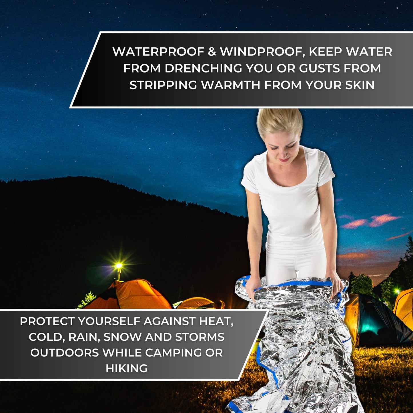 HealthyLine Thermal Foil Emergency Blankets (50 Pack) – Mylar Space Blanket for Heat Retention, Waterproof & Windproof, Lightweight Survival Gear for Outdoors, Camping, First Aid, and Sauna Use