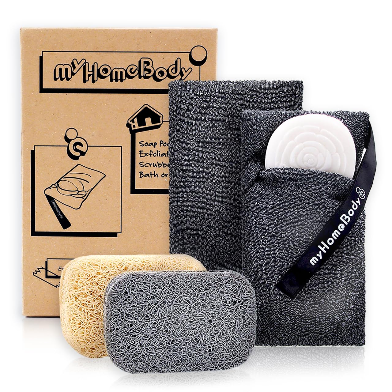 myHomeBody Soap Pocket Exfoliating Pouch, Body Scrubber Sponge, Exfoliator for Bath, Shower or Leftover Bits Saver, Graphite Gray, 2 Pack + 2 Lift Pads