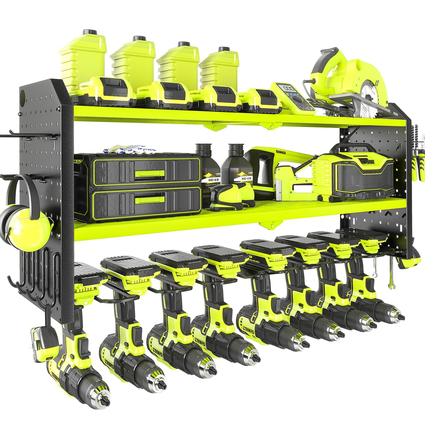 KAFAHOM Power Tool Organizer, Large 8 Drill Holder Wall Mount with 2 Side Pegboards, Heavy Duty Metal Tool Shelf with 12 Hooks, Storage Rack for Garage Organization, Utility Battery Shelves - Green