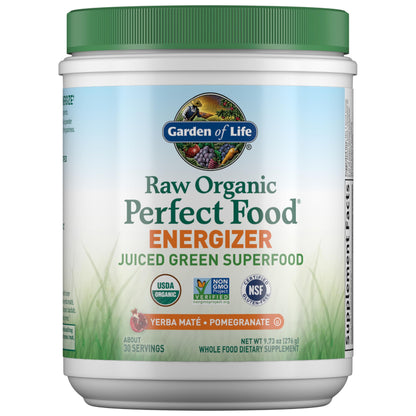 Garden of Life Raw Organic Perfect Food Energizer Juiced Green Superfood Powder - Yerba Mate Pomegranate, 30 Servings, Green Superfood Powder & Probiotics, Gluten Free Whole Food Greens Supplements