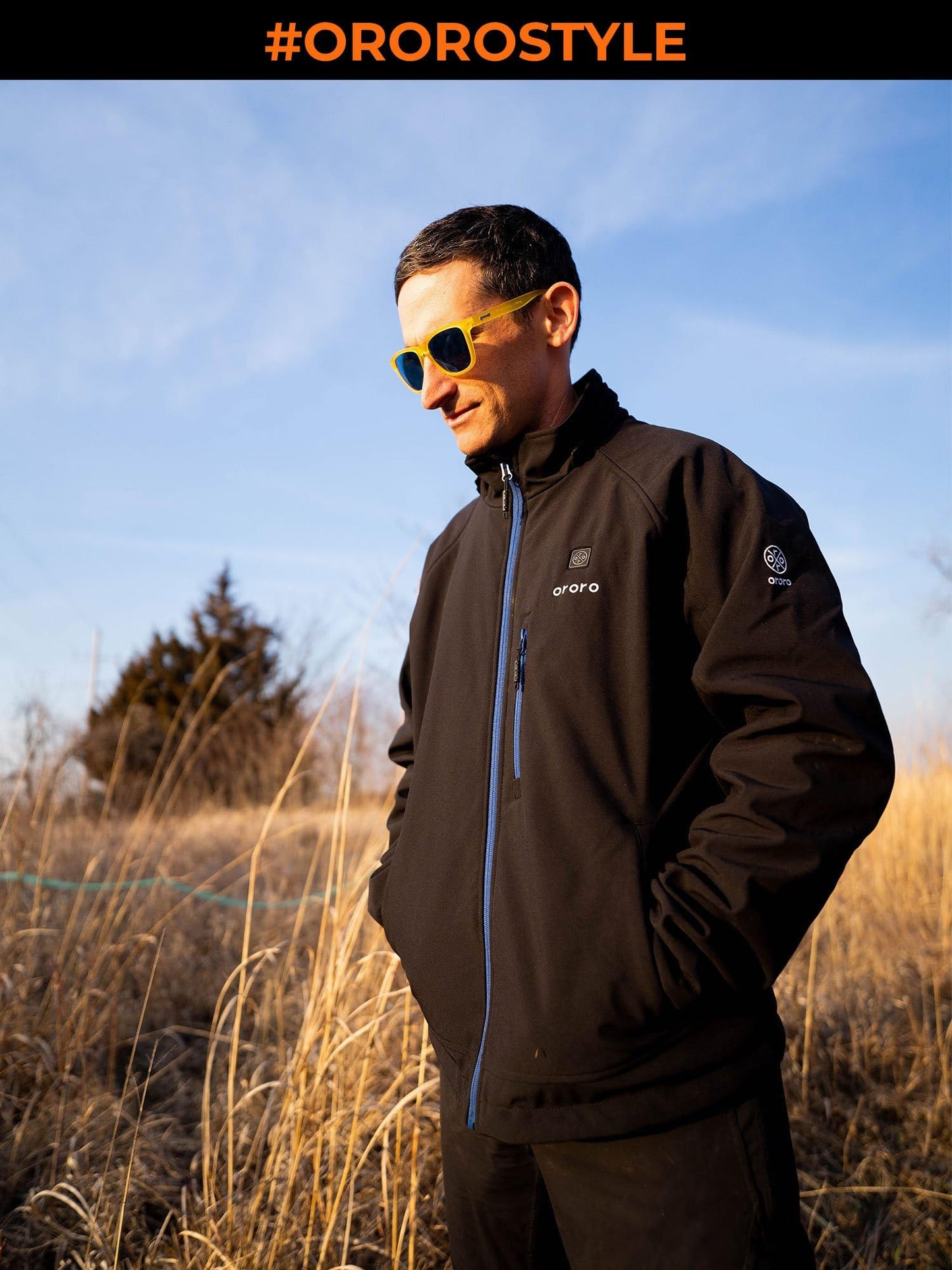 ORORO Men's 4 Heat-Zone Heated Jacket with Battery, Soft Shell Heated Jacket with Detachable Hood (Black/Blue, XL) (Charger Not Included)