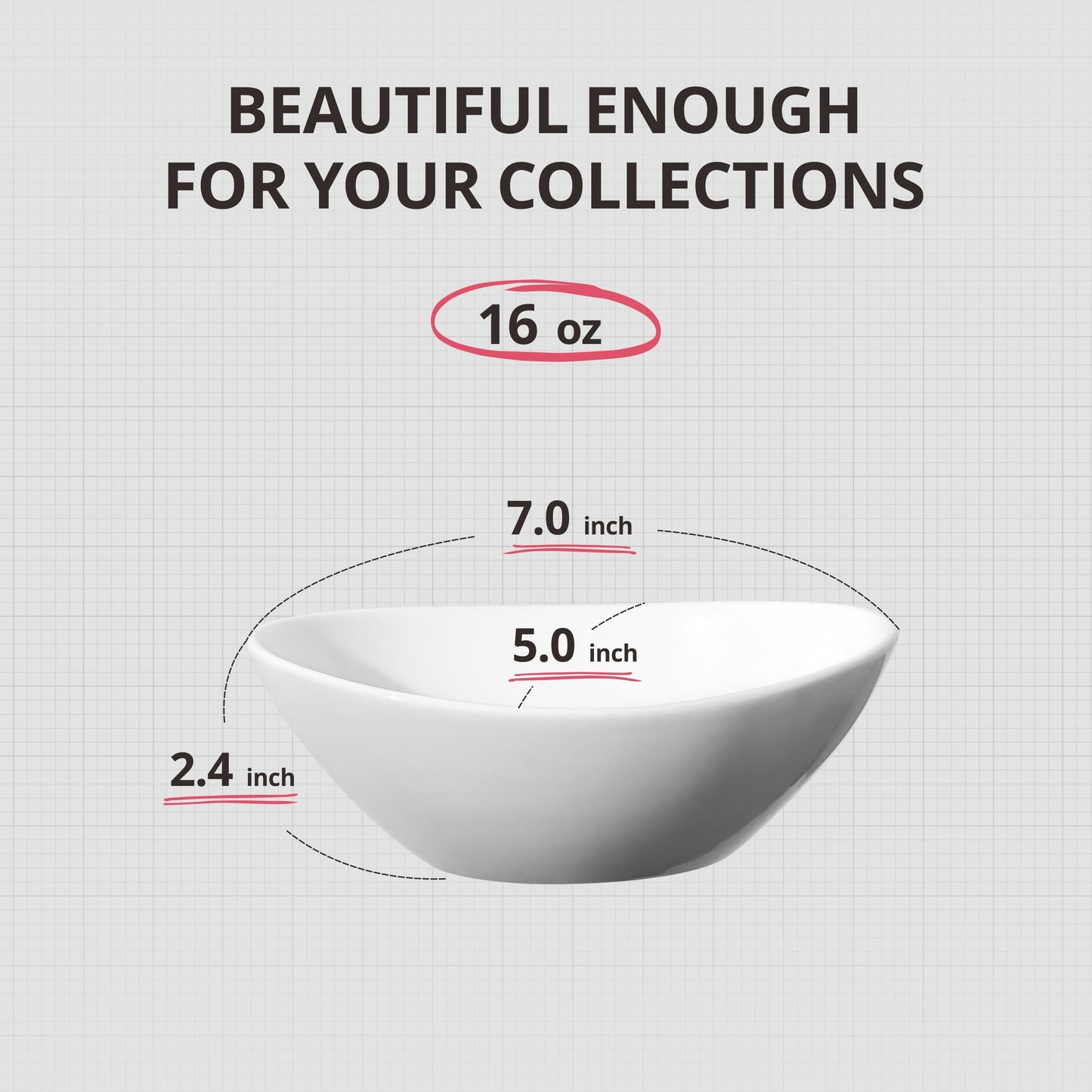 LIFVER Dessert Bowls, 16 Ounce Serving Bowls for Side Salad, Soup, Cereal, Ice Cream, 7 inch Porcelain White Bowls Set, Dishwasher & Microwave Safe Kitchen Bowls, Set of 6