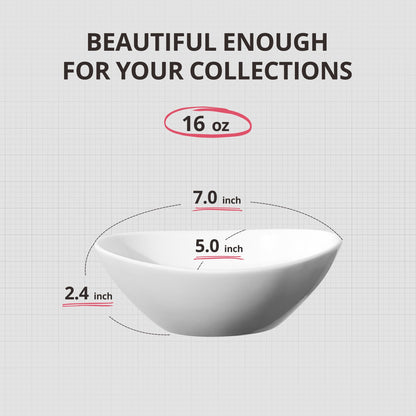 LIFVER Dessert Bowls, 16 Ounce Serving Bowls for Side Salad, Soup, Cereal, Ice Cream, 7 inch Porcelain White Bowls Set, Dishwasher & Microwave Safe Kitchen Bowls, Set of 6