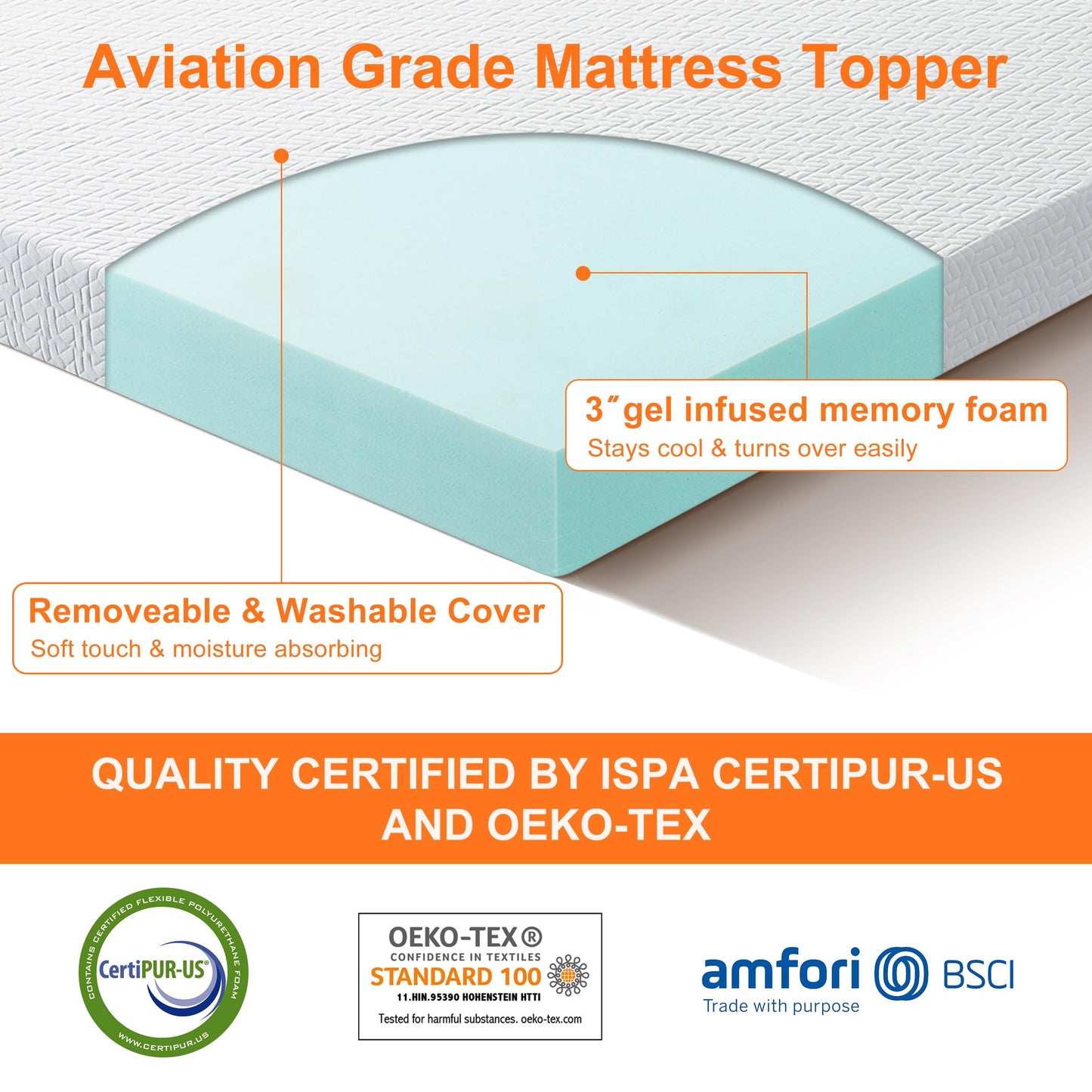 3 Inch Gel Memory Foam Cooling King Size Mattress Topper, Mattress Pad Cover for Pressure Relief, Bed Topper with Removable Cover，Soft & Breathable