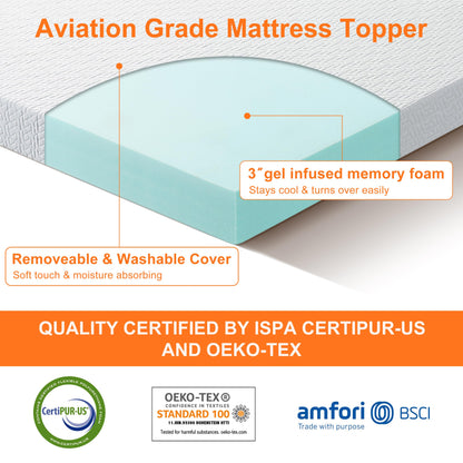 3 Inch Gel Memory Foam Cooling King Size Mattress Topper, Mattress Pad Cover for Pressure Relief, Bed Topper with Removable Cover，Soft & Breathable