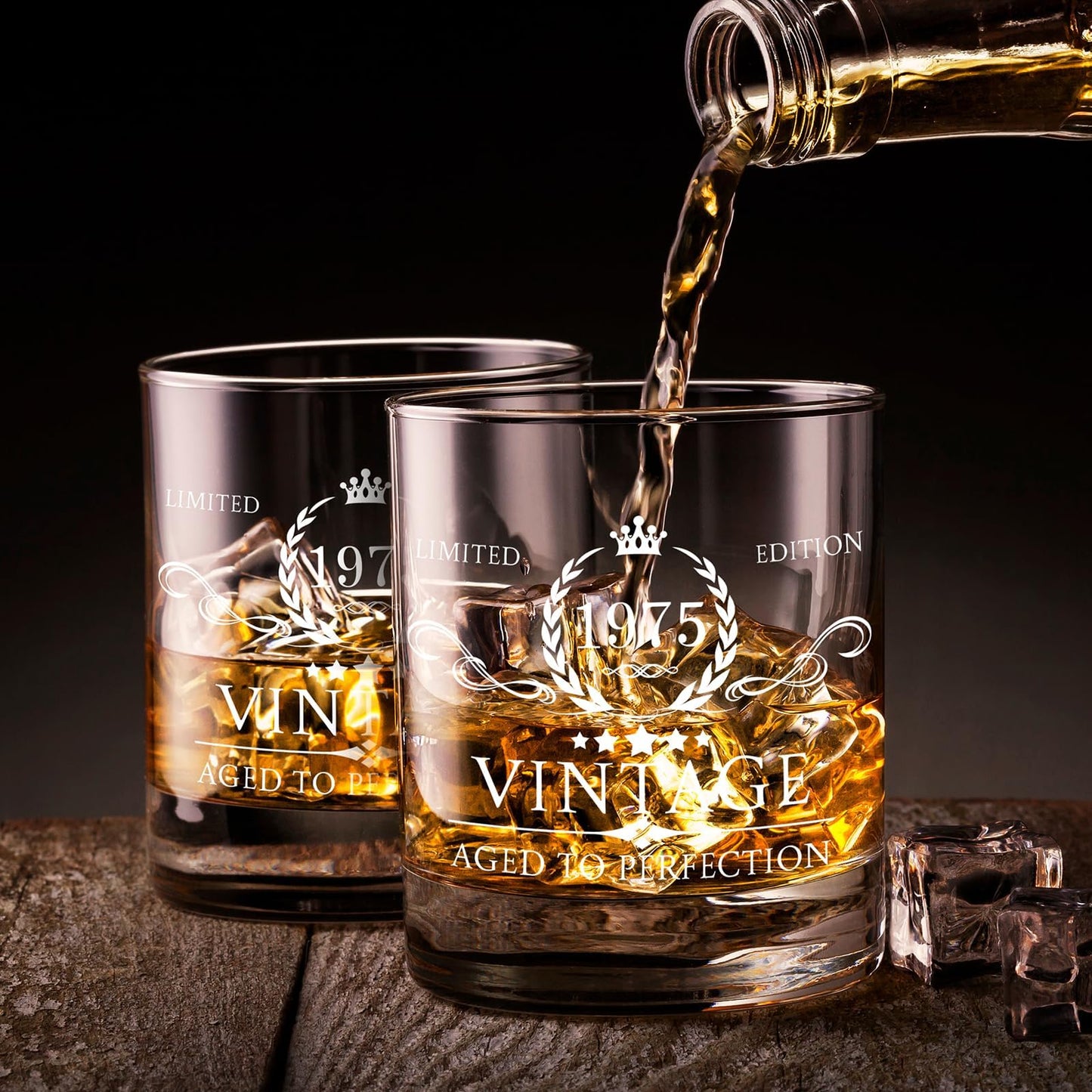 50th Birthday Gifts for Men Whiskey Glass Set - 50th Birthday Decorations, Party Supplies - 50 Year Anniversary, Bday Gifts Ideas for Him, Dad, Husband, Friends - Wood Box & Whiskey Stones & Coaster
