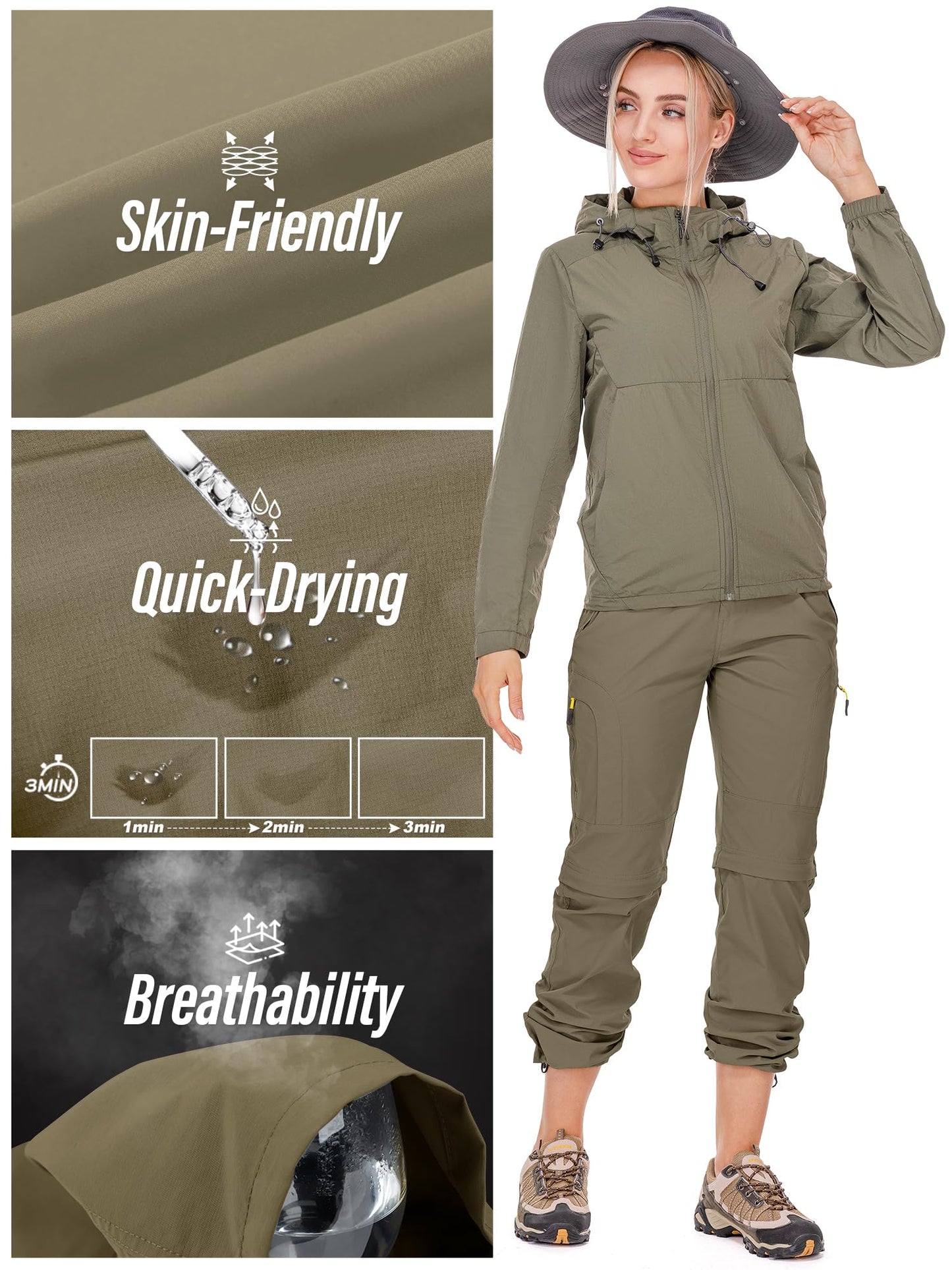Hiking Pants Women Convertible Outdoor Lightweight Quick Drying Travel Zip Off Shorts Safari Pants, 4409,Khaki, 14