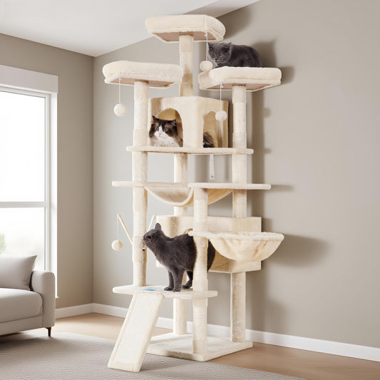 Hey-brother Cat Tree, 71 inches XL Large Cat Tower for Indoor Cats, Multi-Level Cat House with 3 Padded Perches, Big Scratcher, Cozy Basket, 2 Cat Condos and Scratching Posts, Beige MPJ034M