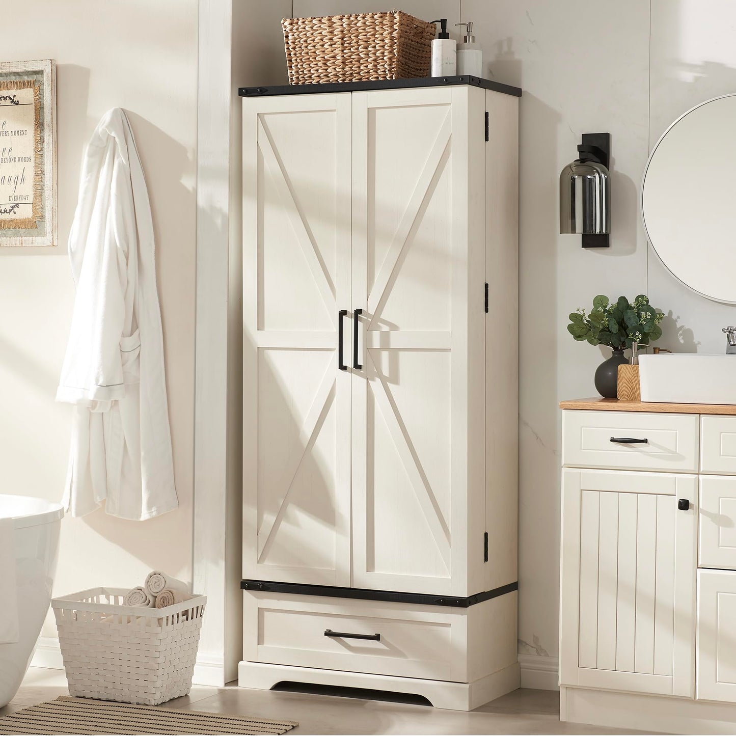 ACCOHOHO 72" Farmhouse Kitchen Pantry Cabinet with Drawer, Tall Storage Cabinet with 2 Barn Doors and Shelves, Versatile Large Rustic Cupboard for Dining Room, Bathroom, Living Room, Laudry, White