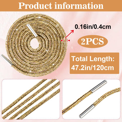 PAGOW 1 Pair Rhinestone Glitter Rope, Crystal Bling Bling Shiny Round Shoe Laces for Sneakers, Drawstring Cords Replacement for Sweatpants Shorts Crystal Hoodies (Gold, 120cm)