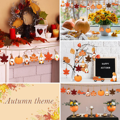 36 Pcs Thanksgiving Ornaments - Fall Tree Decorations with Autumn Pumpkin Gnome Leaf Cutouts, Hanging Ornaments, Wooden Craft Ornaments with Rope for Home (Autumn Style)