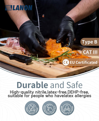 LANON Food Safe Disposable Nitrile Gloves, Latex-Free, Powder-Free, Silicone-Free, Textured Fingertips, Cooking, Black，Medium