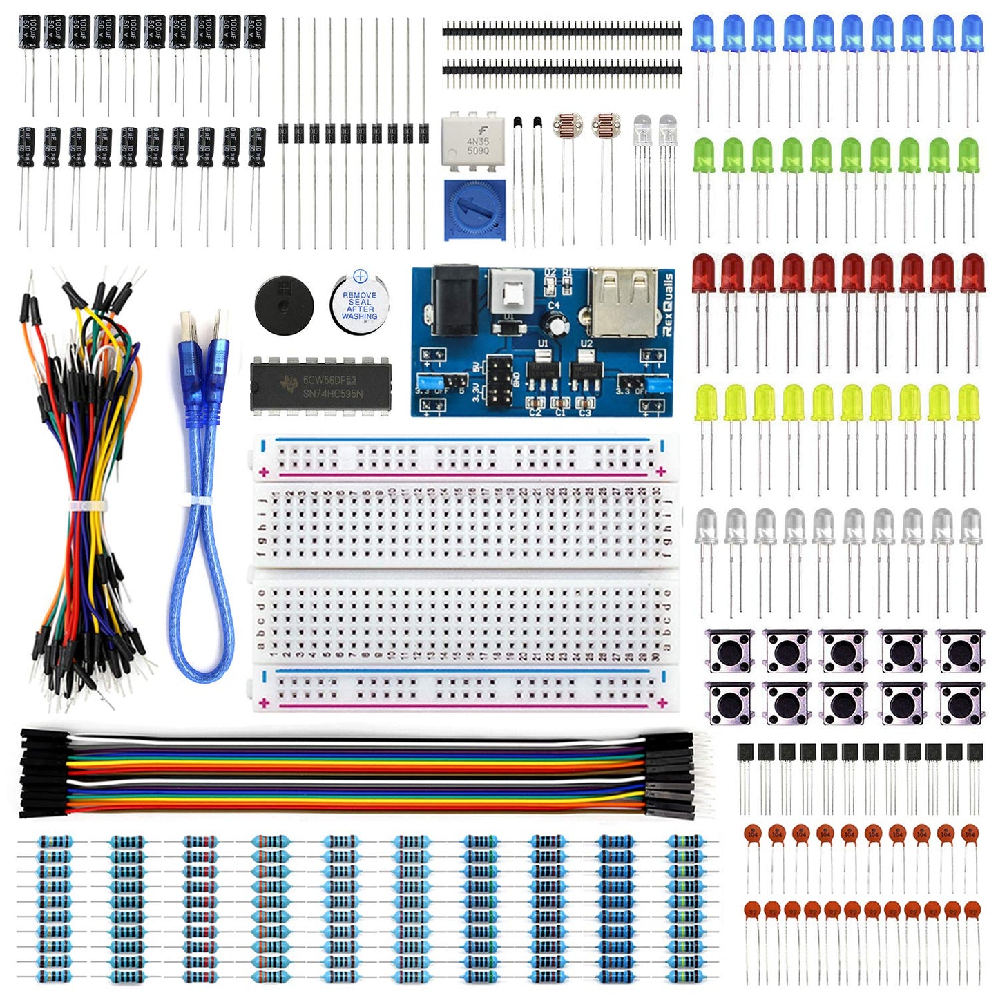 REXQualis Electronics Basic Kit w/Power Supply Module, Breadboard, Jumper Wire, LED,Resistor, comes with more than 300pcs sensors and components for fun and simple electronic projects.