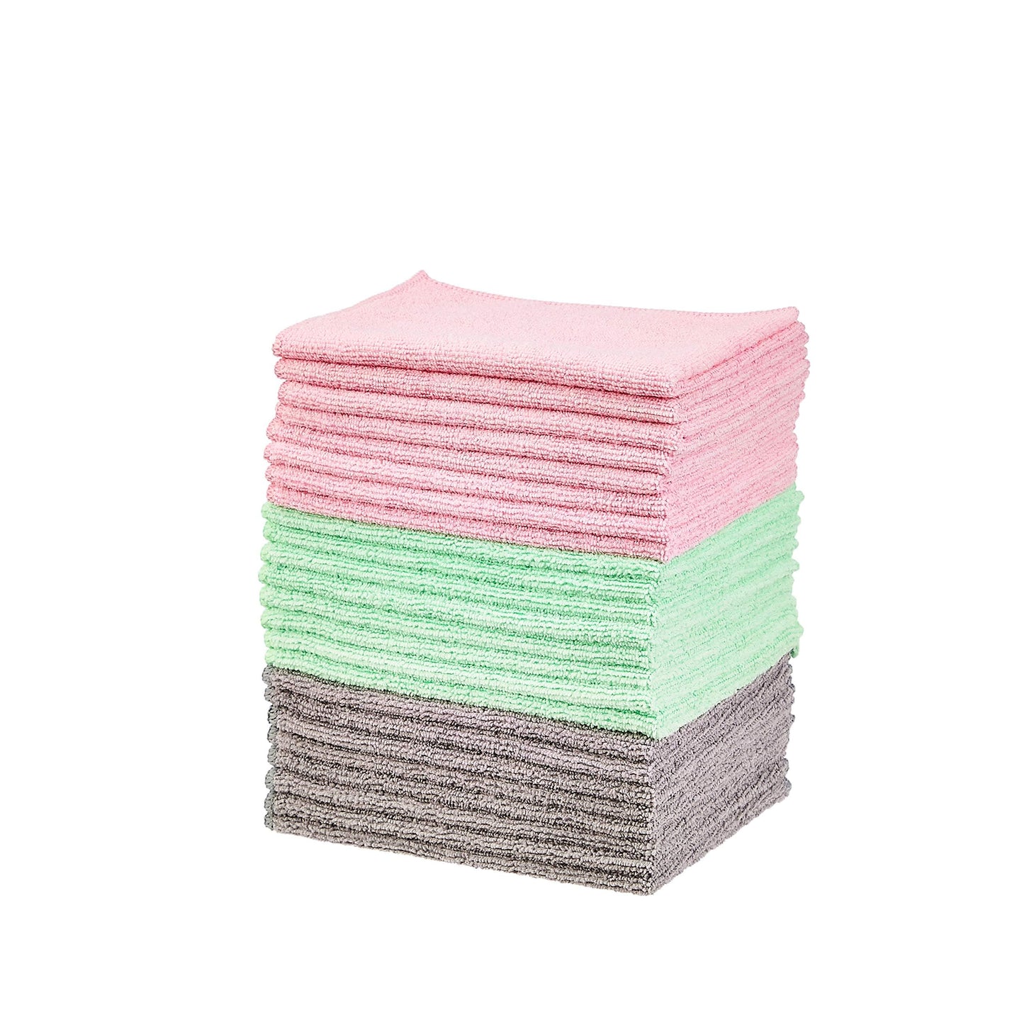 Amazon Basics Microfiber Cleaning Cloths, Ultra Soft and Absorbent, Free from Streaks/Lint/Scratch for Cars, 16" x 12", Green/Gray/Pink, 24-Pack