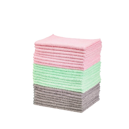 Amazon Basics Microfiber Cleaning Cloths, Ultra Soft and Absorbent, Free from Streaks/Lint/Scratch for Cars, 16" x 12", Green/Gray/Pink, 24-Pack