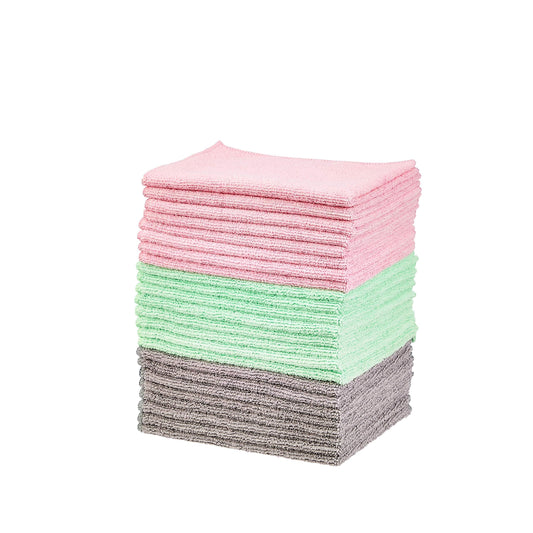 Amazon Basics Microfiber Cleaning Cloths, Ultra Soft and Absorbent, Free from Streaks/Lint/Scratch for Cars, 16" x 12", Green/Gray/Pink, 24-Pack