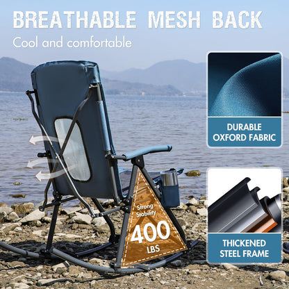Portal Oversized Folding Rocking Camping Chair Portable Outdoor Rocker with High Back Hard Armrests Carry Bag, Supports 400 lbs, Mesh Back, Blue