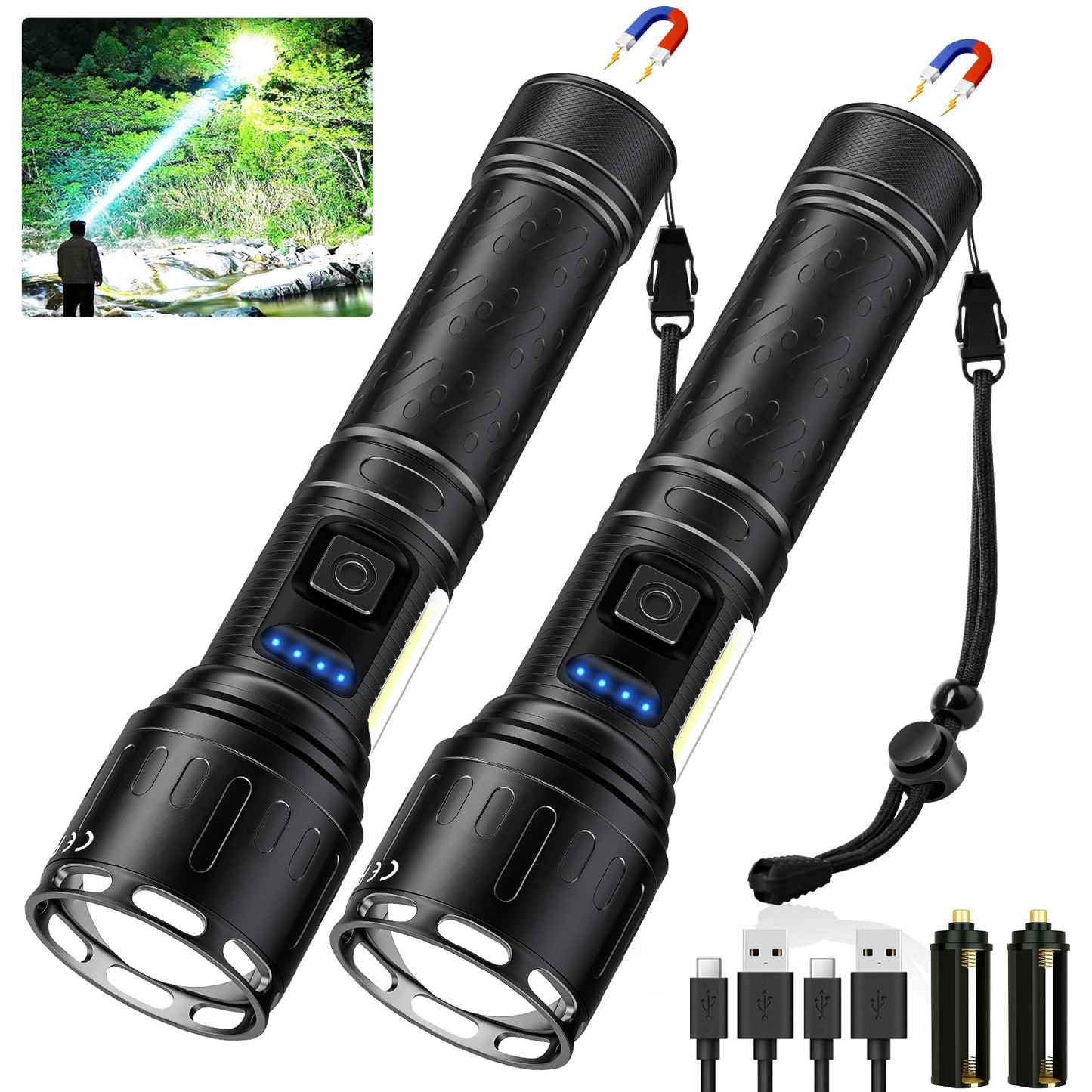 Rechargeable Magnetic Flashlights High Lumens, Super Bright LED Powerful Flashlight 8 Modes with COB Work Light, Waterproof Handheld Flash Light for Camping (2 Pack with Paper Box, Black)