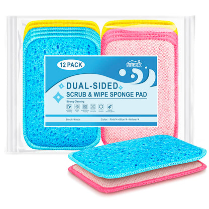 HOMEXCEL 12 Pack Scrub & Wipe Cloths, Dual-Sided Sponges for Kitchen, All-Purpose Cloth for Dishes, Pots, Pans, Non-Stick Cookware, Countertops (Red, Yellow, Blue)