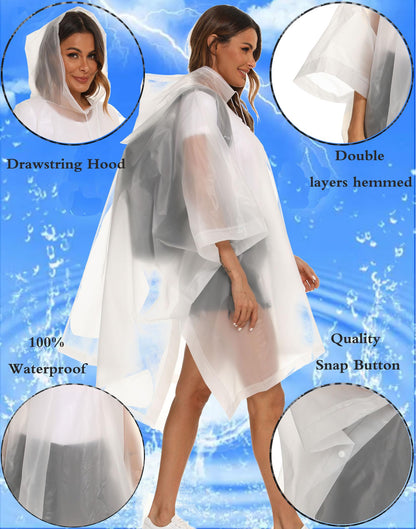 Borogo 2 Pack Rain Ponchos for Adults Reusable - Raincoats Survival Emergency Heavy Duty Rain Coat with Drawstring Hood White&Grey