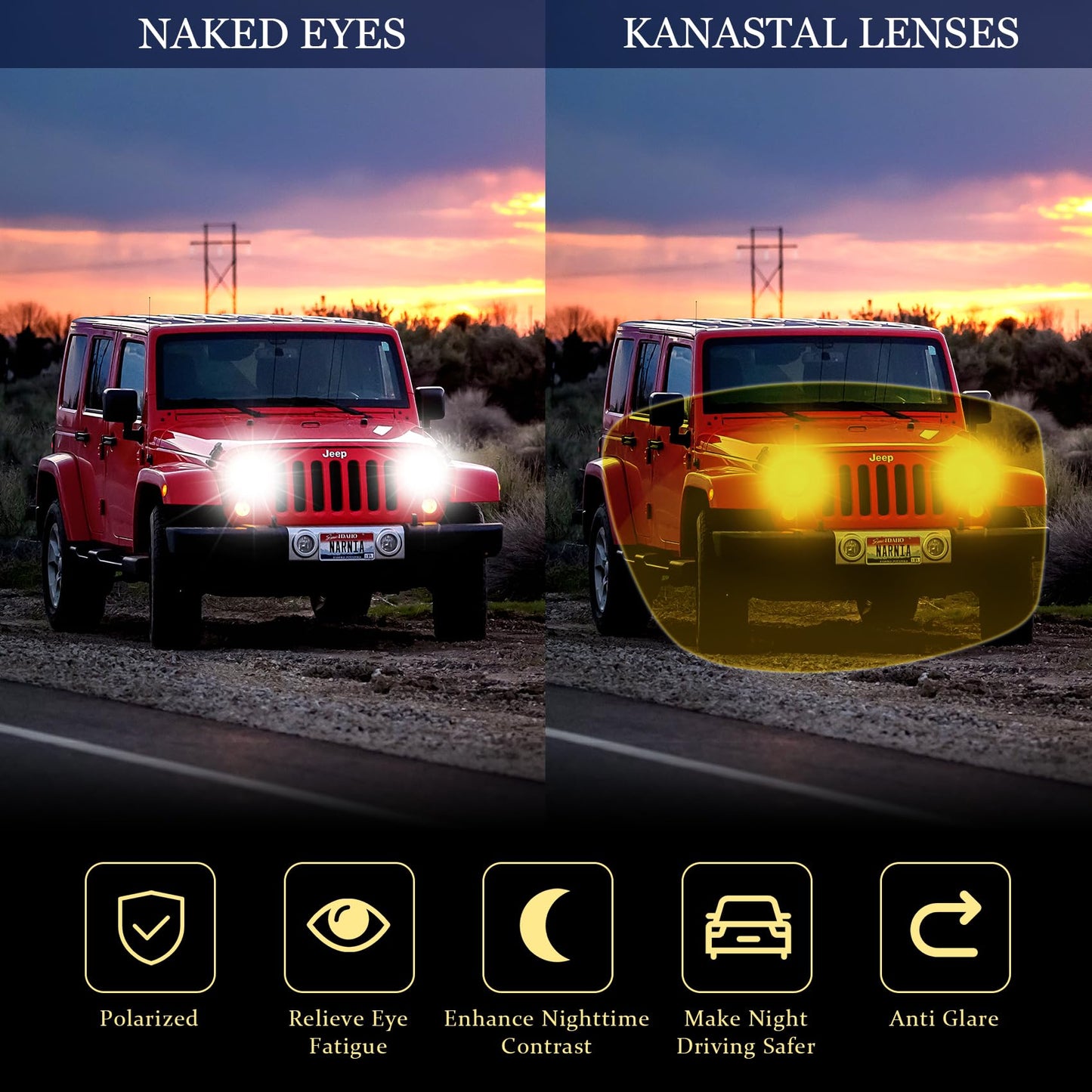 KANASTAL Night Vision Glasses Men Women Fashion Square Nighttime Driving Glass Anti Glare Non-polarized Yellow Lens Classic Trendy Accessories