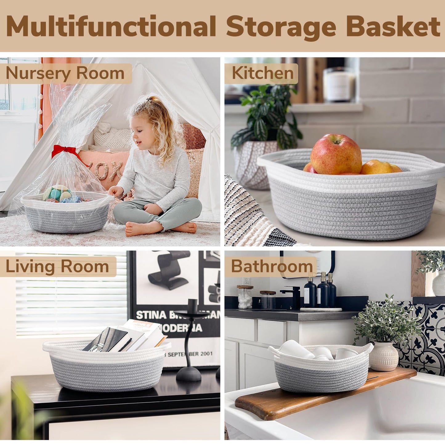 Goodpick Small Woven Storage Basket with Handles, Cotton Rope Baskets for Gifts Empty, Dog Toys, Diapers, Towels, Easter Baskets for Kids, 12" x 8" x 5", Gray