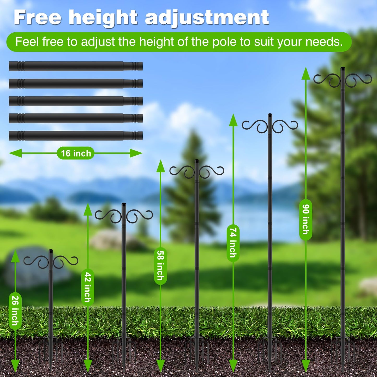 RCUICA Double Shepherds Hooks for Outdoor,2 Pack 90 Inch Bird Feeder Pole with 5 Prongs Base,Heavy Duty Shepherds Hook,Suitable for Garden in Hanging Flower Basket,Lantern,Bird Nests (90 Inch)