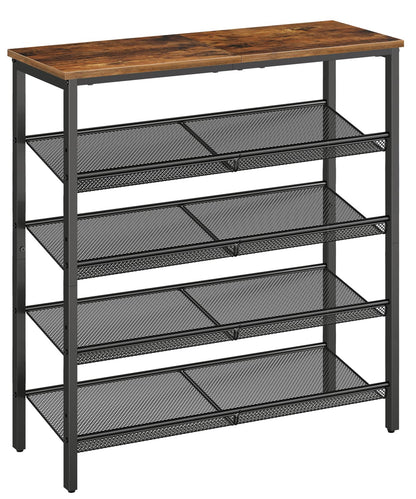 HOOBRO Shoe Rack for Entryway, 5-Tier Shoe Organizer with Adjustable Mesh Shelves, 16-20 Pairs of Shoes, Spacious Floor Mount, Metal, Industrial, Shoe Shelf for Closet, Rustic Brown BF12XJ01