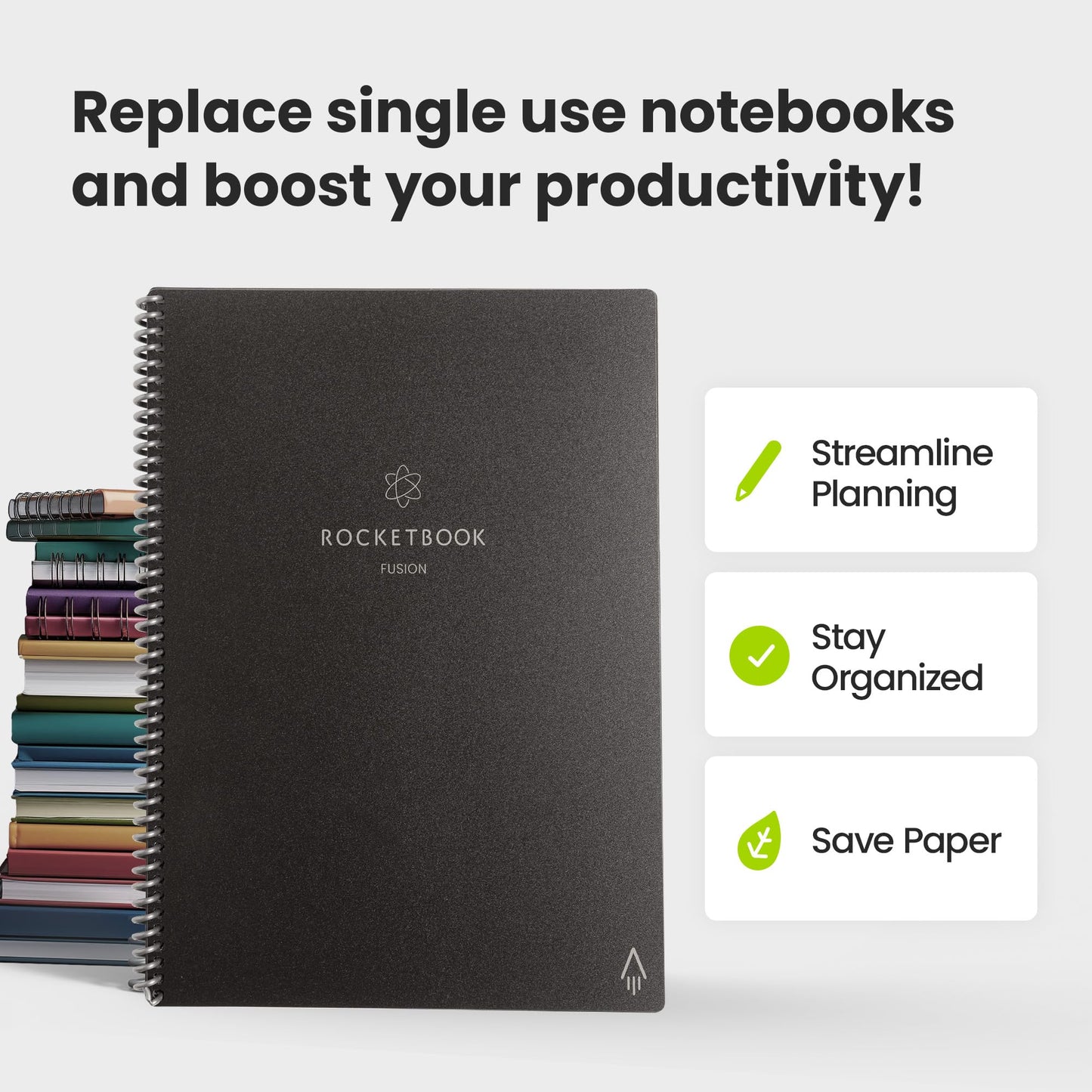 Rocketbook Fusion Reusable Undated Productivity Planner, Letter Size 8.5x11, Gray - Goals, Monthly and Weekly Calendar, Daily To-do List, Lined and Dotted Notes Pages