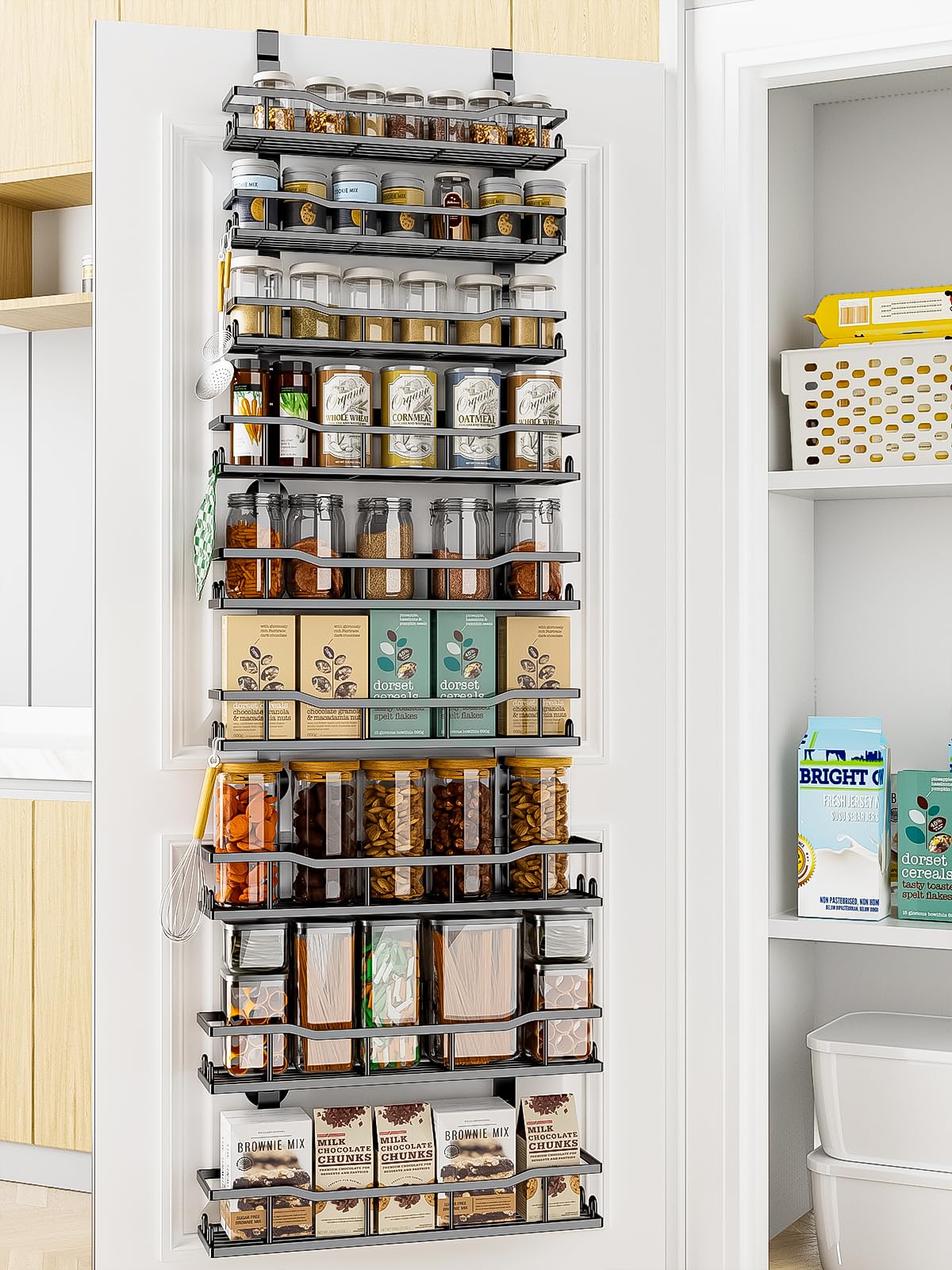 Over The Door Pantry Organizer, 9-Tier Over The Door Organizer with Adjustable Baskets, Metal Hanging Spice Rack for Pantry Organizers and Storage, Suitable for Kitchen Laundry Room & Bathroom, Black