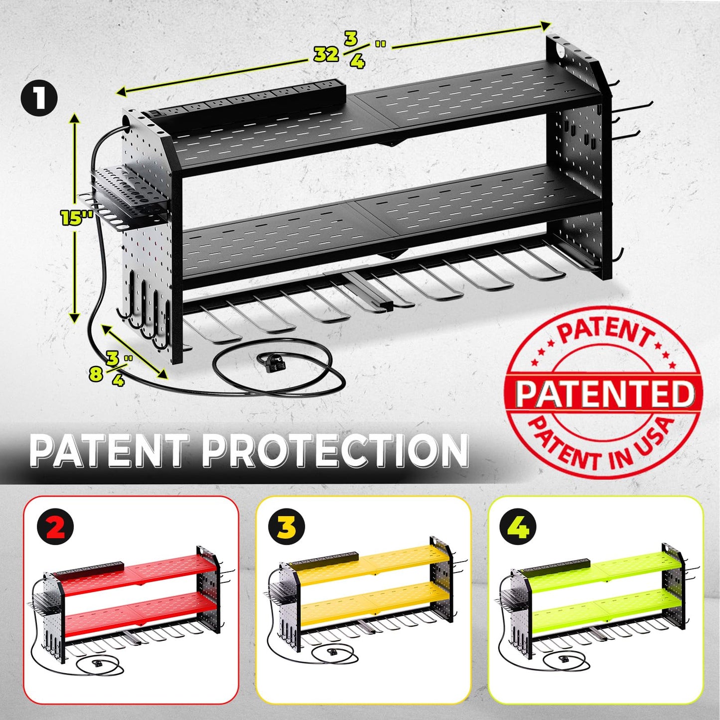 KAFAHOM Power Tool Organizer with Charging Station, Built in 8 Outlet Power Strip,Large 8 Drill Holder Wall Mount, Heavy Duty Metal Power Tool Storage Rack Tool Shelf for Garage Organization Black