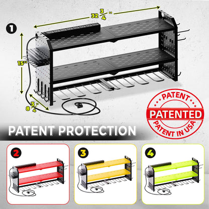 KAFAHOM Power Tool Organizer with Charging Station, Built in 8 Outlet Power Strip,Large 8 Drill Holder Wall Mount, Heavy Duty Metal Power Tool Storage Rack Tool Shelf for Garage Organization Black