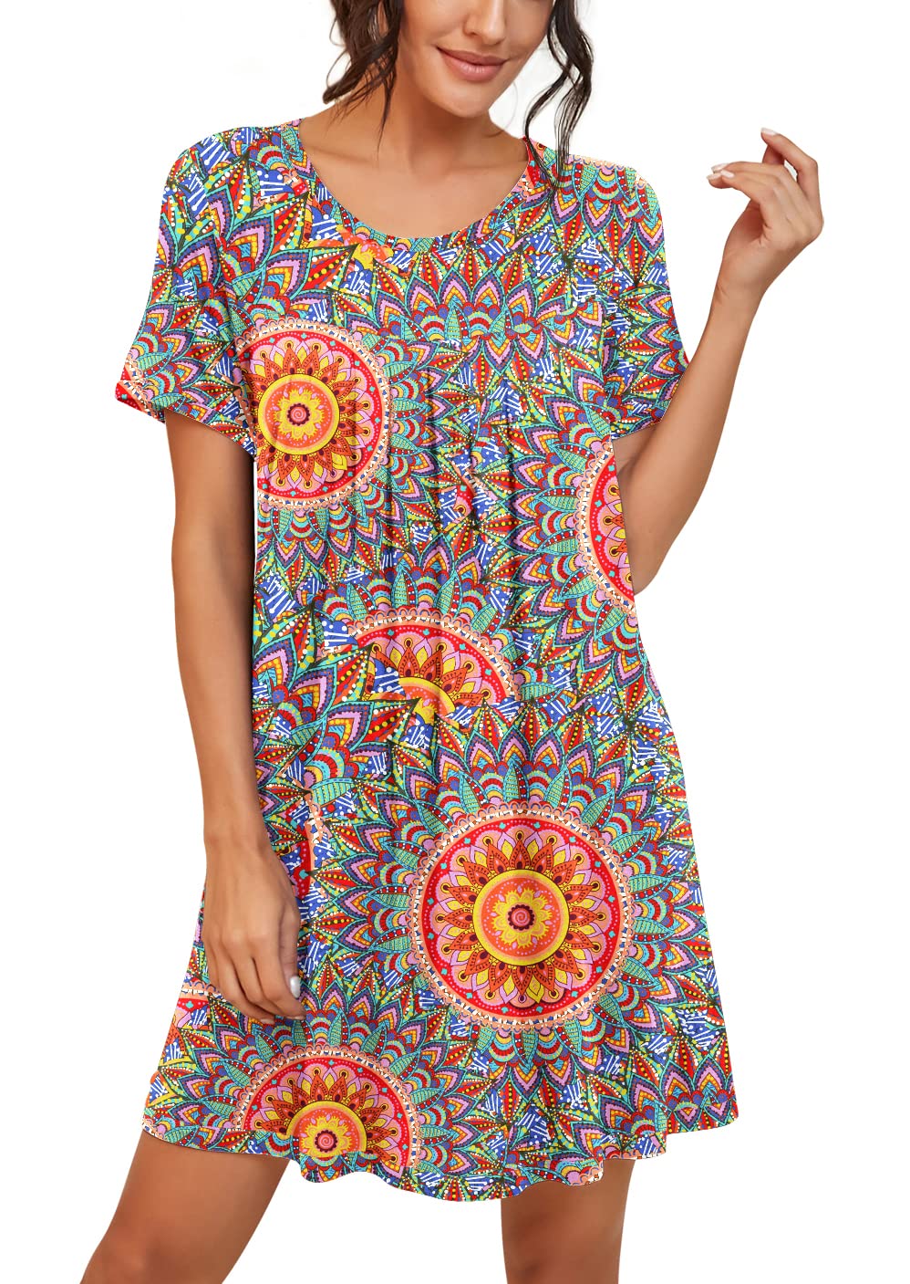 PrinStory Womens Sleepwear Short Sleeve Nightgown Soft Sleepshirt Pleated Nightshirt Scoopneck Casual Loungewear FP-Peacock Blue-Medium