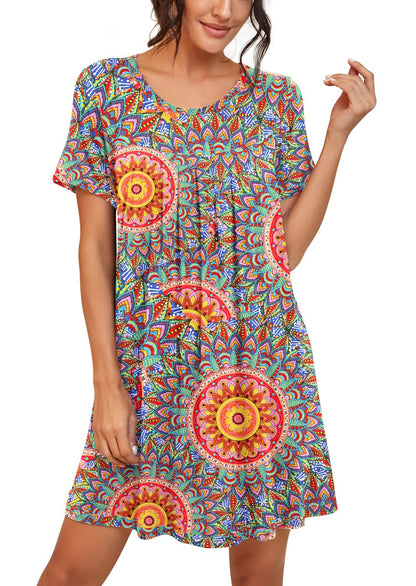 PrinStory Womens Sleepwear Short Sleeve Nightgown Soft Sleepshirt Pleated Nightshirt Scoopneck Casual Loungewear FP-Peacock Blue-Medium