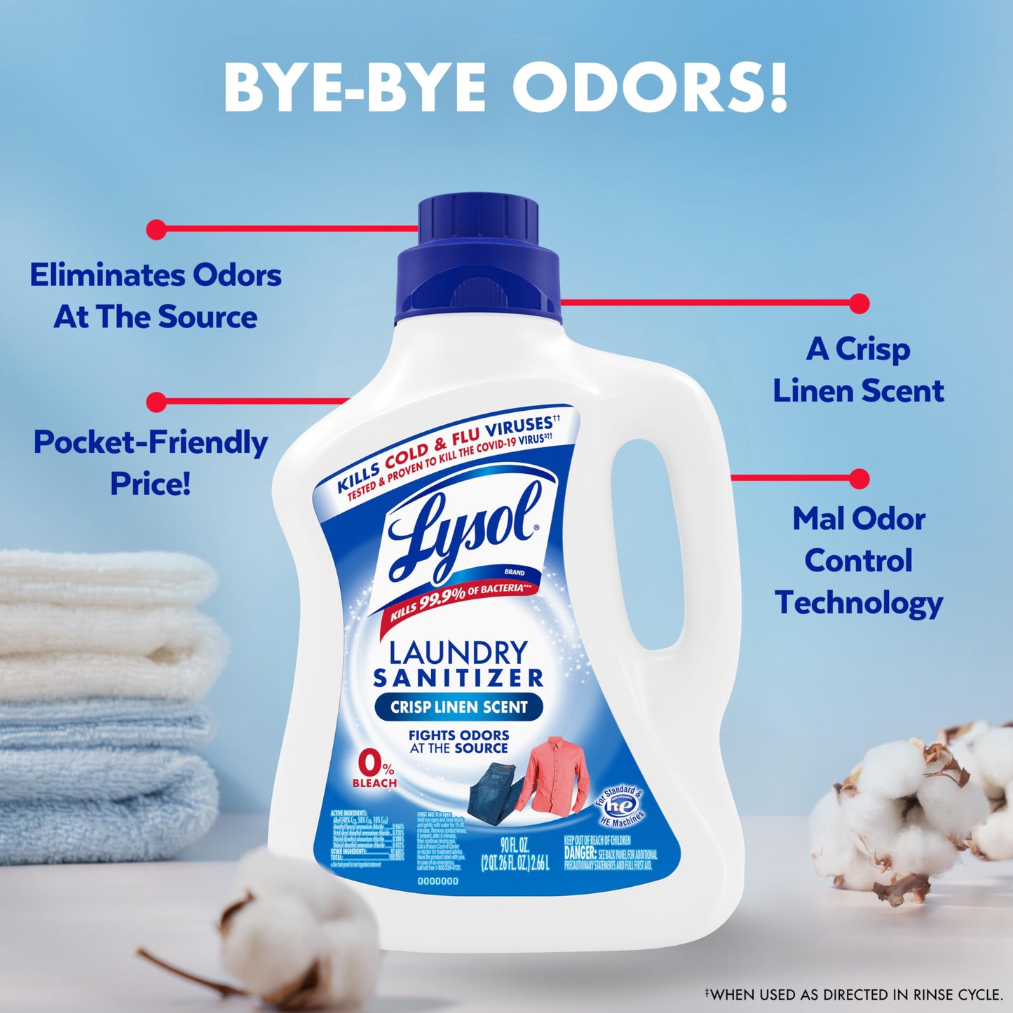 Lysol Disinfectant Laundry Sanitizer & Scent Booster, Laundry Detergent Additive, Color Safe Bleach Alternative, Laundry Odor Eliminator, Kills Bacteria & Viruses, Crisp Linen Scent, 90 Fl Oz