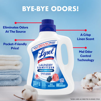 Lysol Disinfectant Laundry Sanitizer & Scent Booster, Laundry Detergent Additive, Color Safe Bleach Alternative, Laundry Odor Eliminator, Kills Bacteria & Viruses, Crisp Linen Scent, 90 Fl Oz