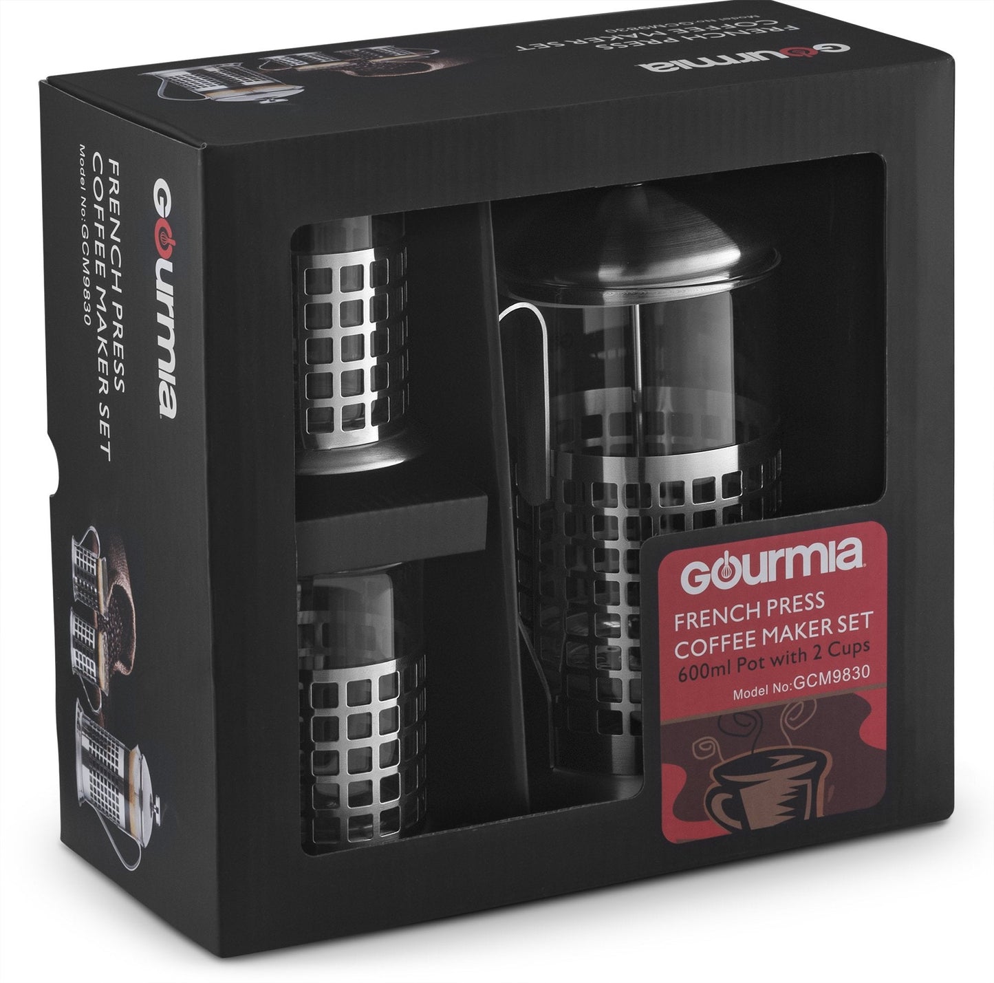 Gourmia GCM9830 French Press Coffee Maker Set 600 ml French Press Coffee Brewer With 2 Matching Stainless Steel Drinking Cups