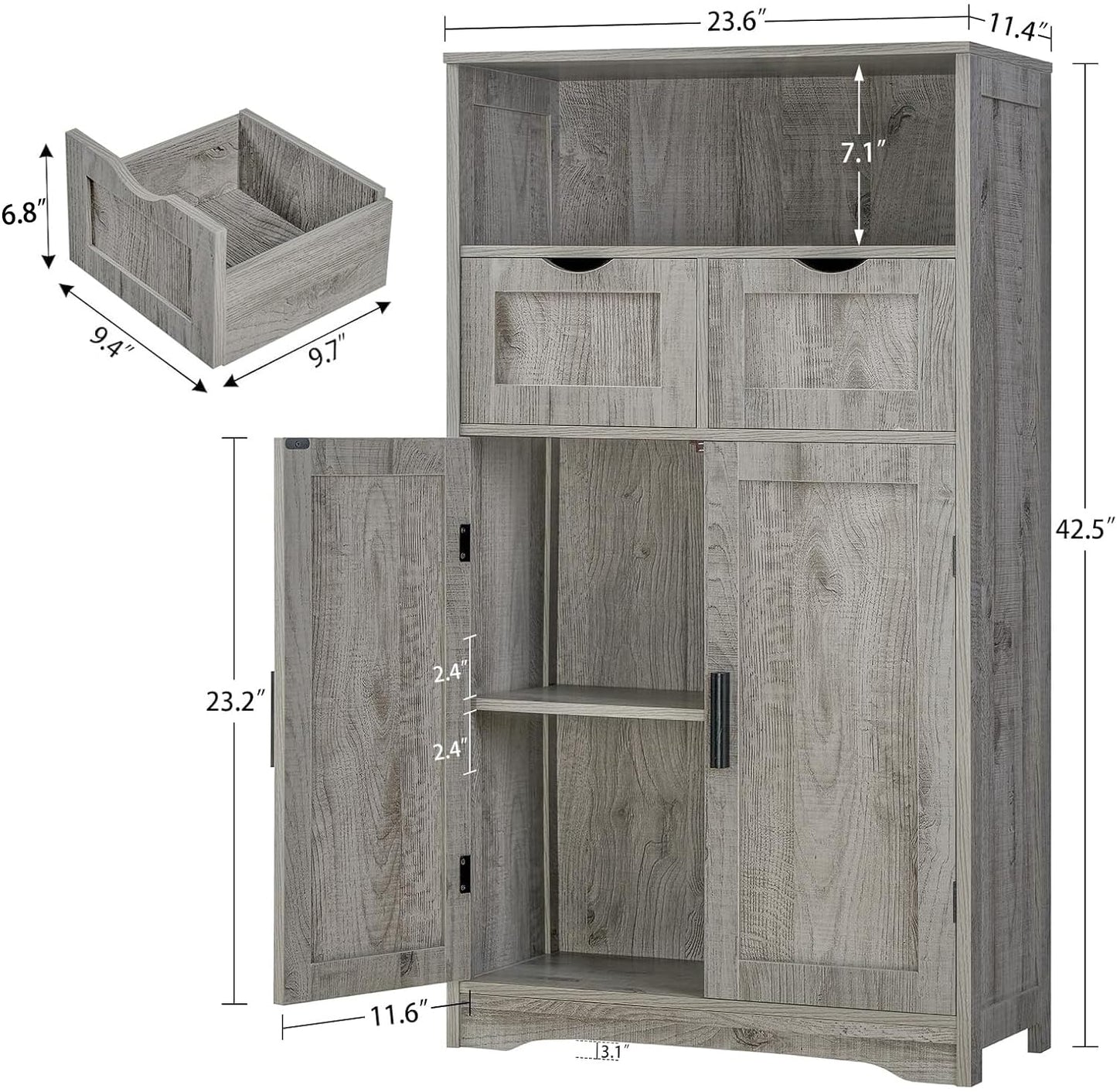 Iwell Storage Cabinet with 2 Drawers & 2 Adjustable Shelves, Kitchen Cabinet, Cupboard, for Living Room, Kitchen, Entryway, Home Office, Grey