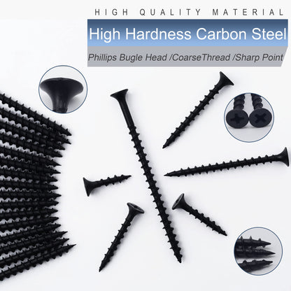 JEGONFRI High Hardness Drywall Screws Assortment Kit, 166 pcs, Coarse Thread, Phillips Drive, Black Wood Screws, Screws Assortment, Screws Set, 6 Sizes (3”,2”,1-1/2”,1-1/4”,1”,3/4”)