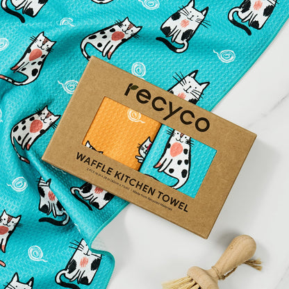 RECYCO Waffle Kitchen Towel Set of 2 - Quick Dry Microfiber Sustainable Dish Towels - Ultra Absorbent Reusable Cleaning Tea Towels - Lightweight Hand Towels,16”x 28”, Cuddly Cats