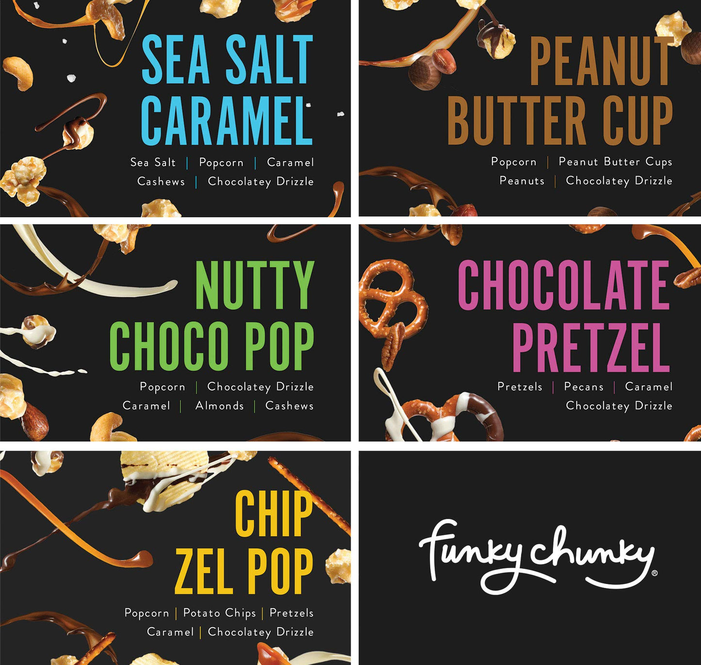 Funky Chunky | Gourmet Chocolate Popcorn Gift Box | Caramel, Nutty Choco Pop, PB Cup, Chip Zel Pop, Choc Prezel Flavors | 5oz Bags (5) Gift Box