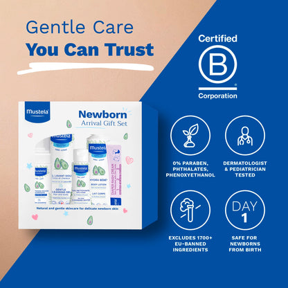 Mustela Newborn Arrival Gift Set - Baby Skincare & Bath Time Essentials - Natural & Plant Based - 5 Items Set