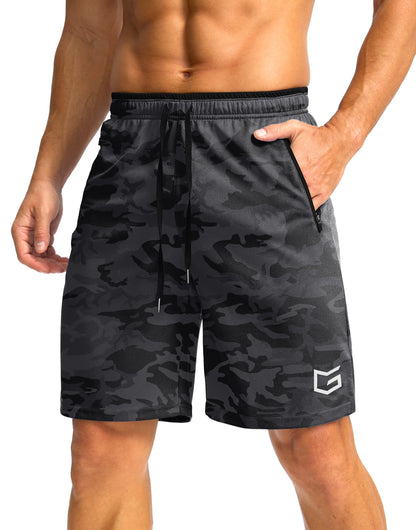 G Gradual Men's Gym Shorts wtih Zipper Pocket 9" Athletic Basketball Mesh Shorts for Men Workout Quick Dry Lightiweight(Grey Camo,L)