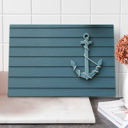 Lunarable Nautical Cutting Board, Anchor with Marine on Wood Background Sea Ocean Life Coast Cruise Theme, Decorative Tempered Glass Cutting and Serving Board, Large Size, Slate Blue