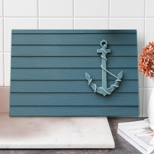 Lunarable Nautical Cutting Board, Anchor with Marine on Wood Background Sea Ocean Life Coast Cruise Theme, Decorative Tempered Glass Cutting and Serving Board, Large Size, Slate Blue