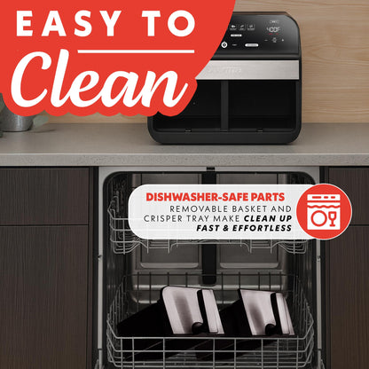 Gourmia Dual Basket Digital Air Fryer – 10 QT, FryForce 360° Technology, 7 Presets, Match Cook & Smart Finish, PTOA-Free Baskets & Crisper Trays, 1600W, Black