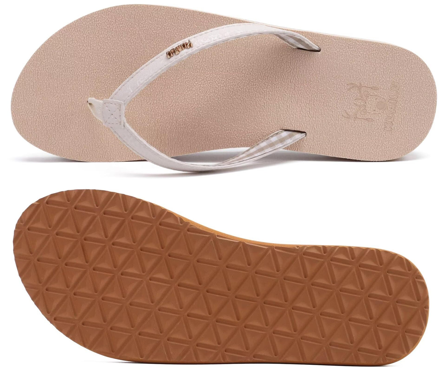 KuaiLu Womens Arch Support Flip Flops Comfortable Yoga Mat Slip on Leather Walking Thong Cushion Sandals Summer Beach Orthotic Slides Travel Essentials Indoor Outdoor Slippers Shoes Beige Size 5